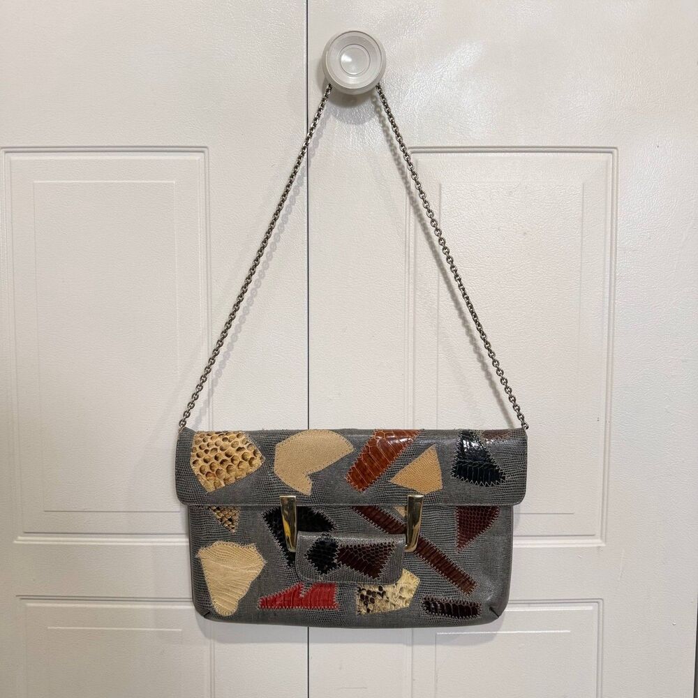 La Caprice USA Patchwork Reptile Embossed Leather Shoulder Bag Chain Strap